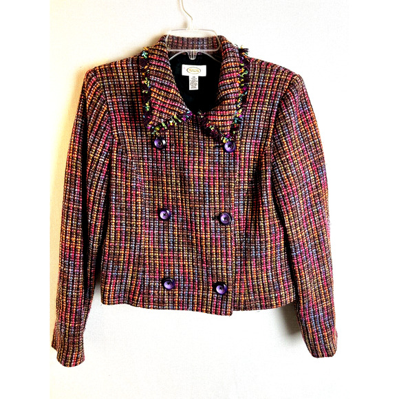 Talbot's Blazer Jacket Women's 10 Multi Colored Woven Frayed Edge Dbl Breasted - Picture 8 of 8